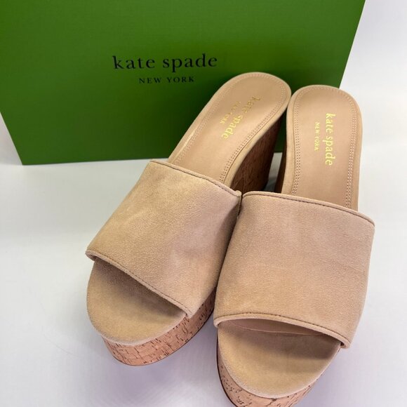 Kate Spade Ibiza Suede Platform Slide Size 7 B Women Cork Block Heel Sand - Picture 2 of 16